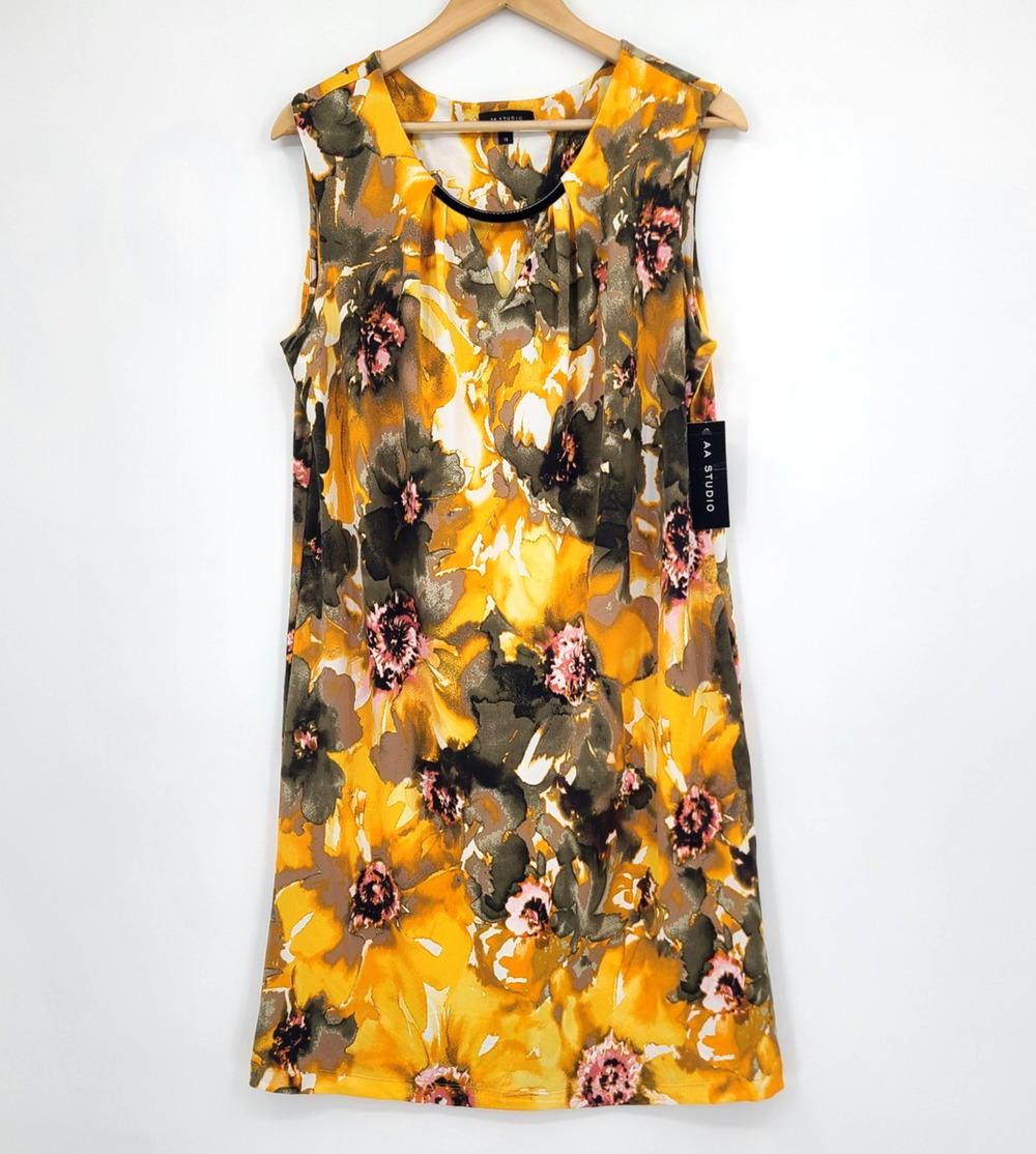 NWT AA Studio Yellow Floral Dress Metal Neckline Watercolor Abstract Size 14
